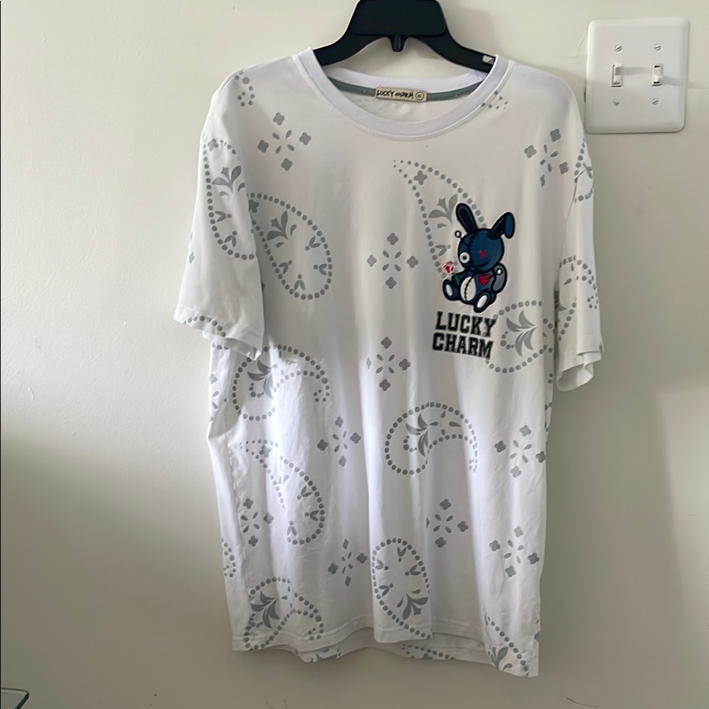 Lucky Charm White Graphic T-Shirt with Blue and Black Design slim fit